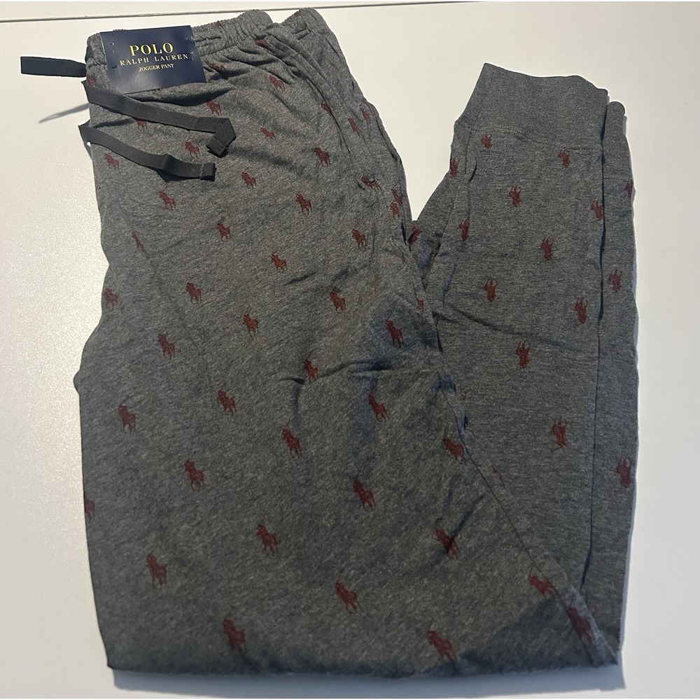 POLO RALPH LAUREN Pants Mens M-L Jogger Allover Pony Print Lounge Cotton Gray